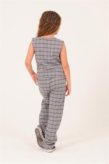 Genç Kız Çocuk Ekose Desenli Dokuma Pantolon - Mavi