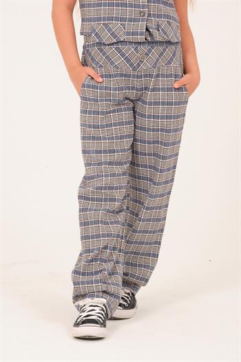 Genç Kız Çocuk Ekose Desenli Dokuma Pantolon - Mavi