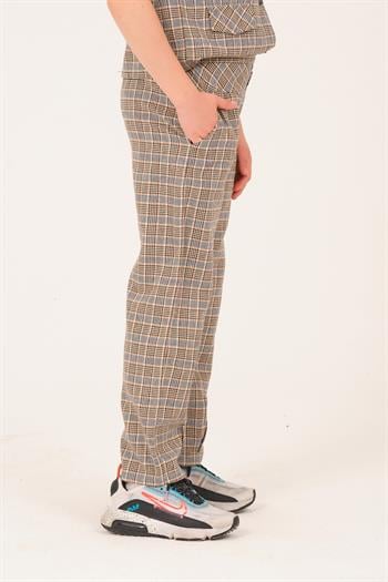 Genç Kız Çocuk Ekose Desenli Dokuma Pantolon - Kahve