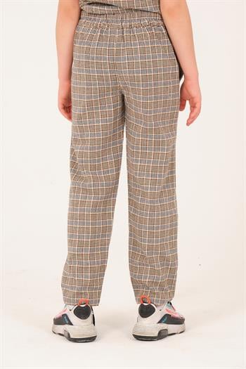 Genç Kız Çocuk Ekose Desenli Dokuma Pantolon - Kahve