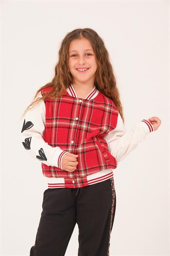 Genç Kız Çocuk Ekose Desenli Kolej Ceket - Kırmızı