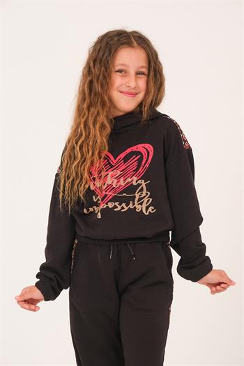 Genç Kız Çocuk Kalp Baskılı Kapüşonlu Sweatshirt - Siyah