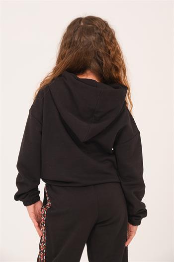 Genç Kız Çocuk Kalp Baskılı Kapüşonlu Sweatshirt - Siyah