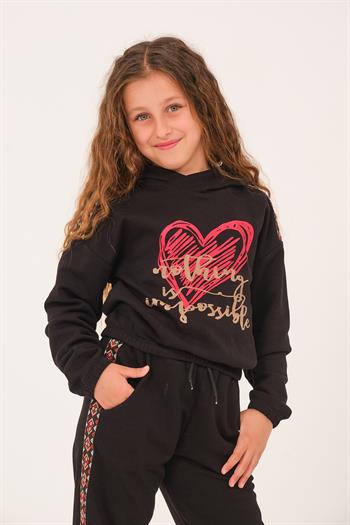 Genç Kız Çocuk Kalp Baskılı Kapüşonlu Sweatshirt - Siyah