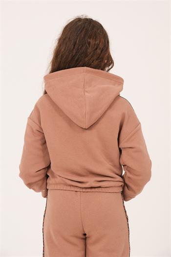 Genç Kız Çocuk Kalp Baskılı Kapüşonlu Sweatshirt - Vizon