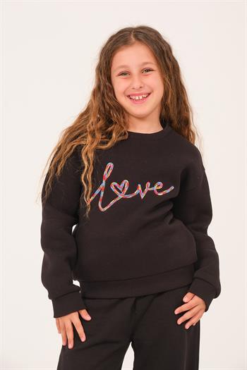 Genç Kız Çocuk Nakış Detaylı Sweatshirt - Siyah