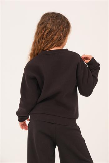 Genç Kız Çocuk Nakış Detaylı Sweatshirt - Siyah