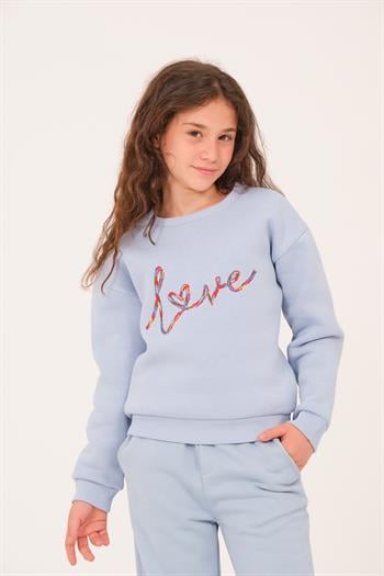 Genç Kız Çocuk Nakış Detaylı Sweatshirt - Bebek Mavisi