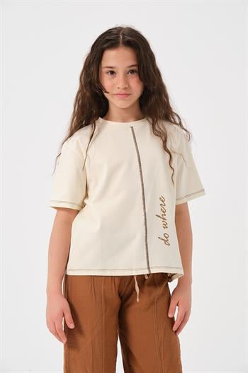 Genç Kız Çocuk Ön ve Arka Yazı Baskılı T-shirt