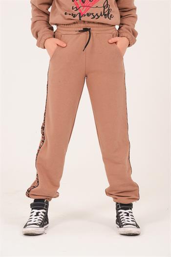 Genç Kız Çocuk Şerit Detaylı Eşofman Altı - Vizon