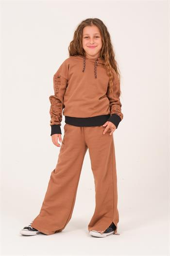 Genç Kız Çocuk Yazı Baskılı Kapüşonlu Sweatshirt - K Vizon