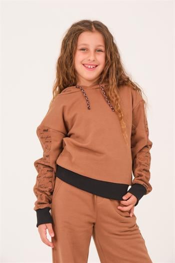 Genç Kız Çocuk Yazı Baskılı Kapüşonlu Sweatshirt - K Vizon