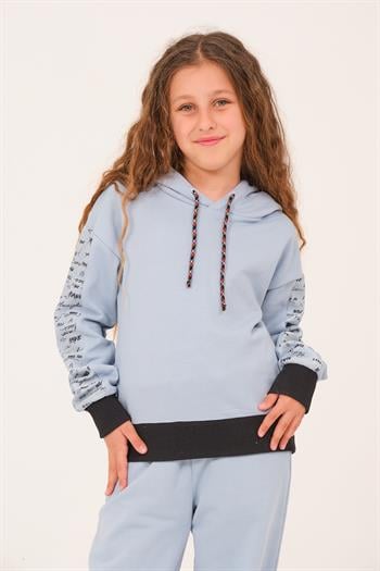 Genç Kız Çocuk Yazı Baskılı Kapüşonlu Sweatshirt - Bebek Mavisi