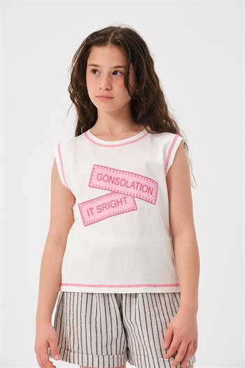 Genç Kız Çocuk Yazı Baskılı Kolsuz T-shirt