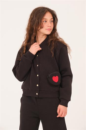 Genç Kız Çocuk Yazı Nakış Detaylı Örme Ceket - Siyah