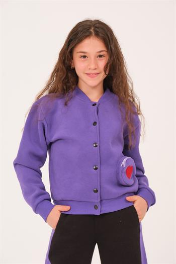Genç Kız Çocuk Yazı Nakış Detaylı Örme Ceket - Mor