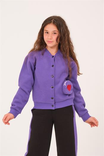 Genç Kız Çocuk Yazı Nakış Detaylı Örme Ceket - Mor