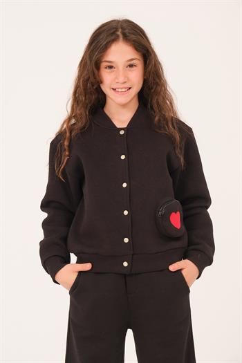 Genç Kız Çocuk Yazı Nakış Detaylı Örme Ceket - Siyah