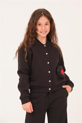 Genç Kız Çocuk Yazı Nakış Detaylı Örme Ceket - Siyah