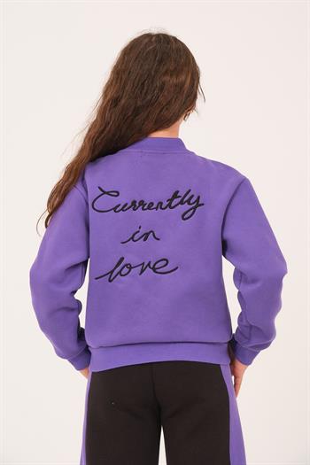 Genç Kız Çocuk Yazı Nakış Detaylı Örme Ceket - Mor