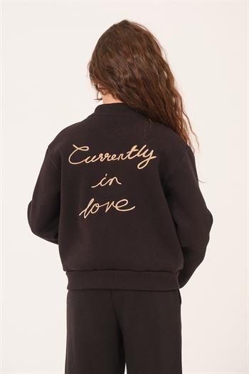 Genç Kız Çocuk Yazı Nakış Detaylı Örme Ceket - Siyah