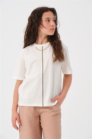 Genç Kız Çocuk Zincir Kolye Detaylı Baskılı T-shirt