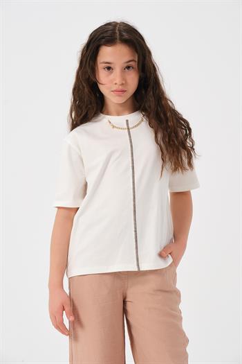 Genç Kız Çocuk Zincir Kolye Detaylı Baskılı T-shirt