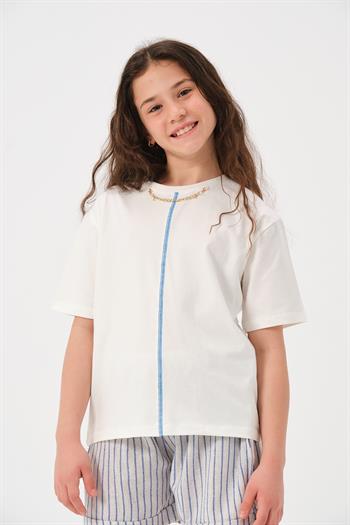 Genç Kız Çocuk Zincir Kolye Detaylı Baskılı T-shirt
