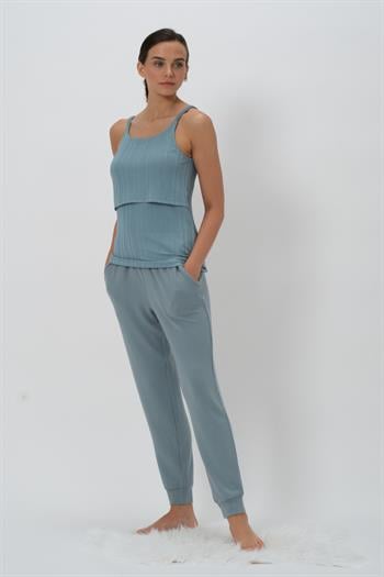 Kadın Askılı Emzirme Bluz Hamile Pijama Takımı - Buz Mavisi