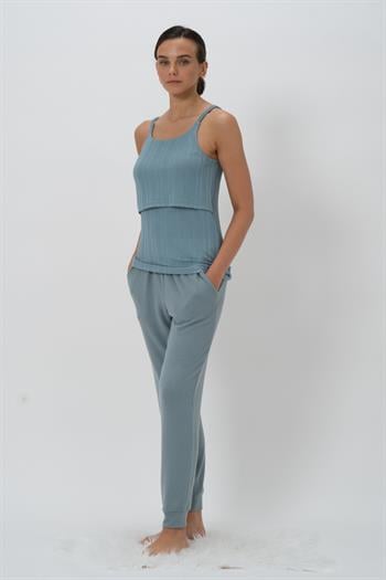 Kadın Askılı Emzirme Bluz Hamile Pijama Takımı - Buz Mavisi
