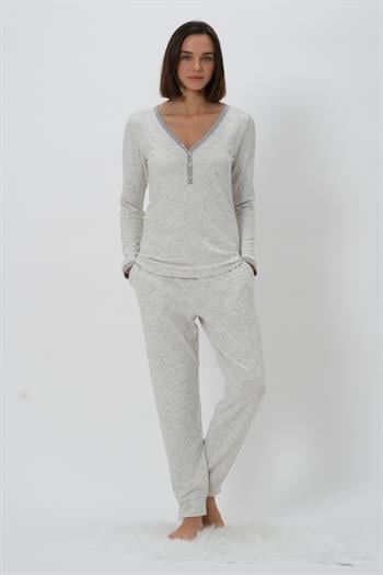 Kadın Biyeli Düğmeli Pijama Takımı - Ekru