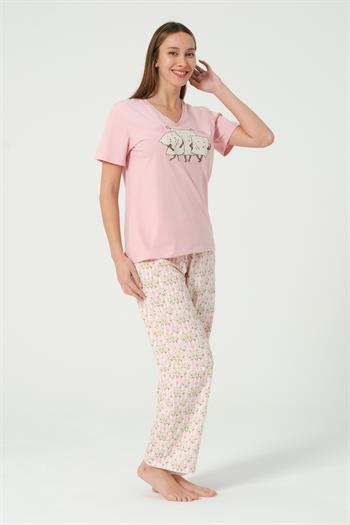 Kadın Çizgili Desenli Kısa Kollu Pijama Takımı