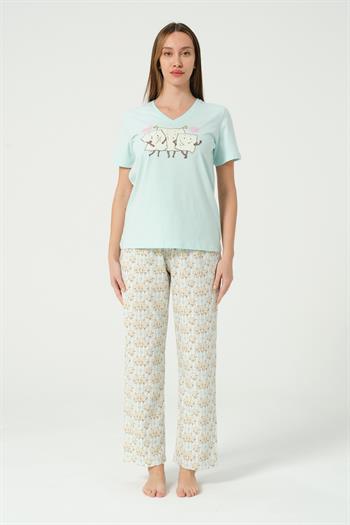 Kadın Çizgili Desenli Kısa Kollu Pijama Takımı