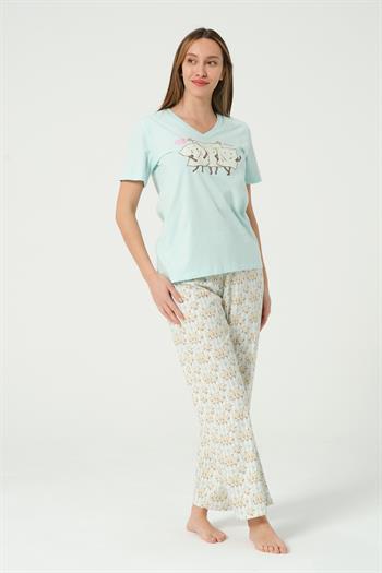 Kadın Çizgili Desenli Kısa Kollu Pijama Takımı