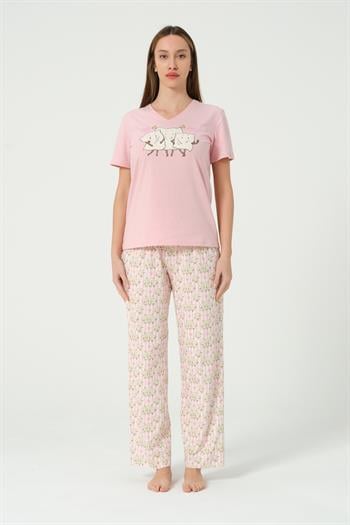 Kadın Çizgili Desenli Kısa Kollu Pijama Takımı