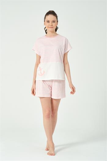 Kadın Çizgili Desenli Nakış Detaylı Şortlu Pijama Takımı
