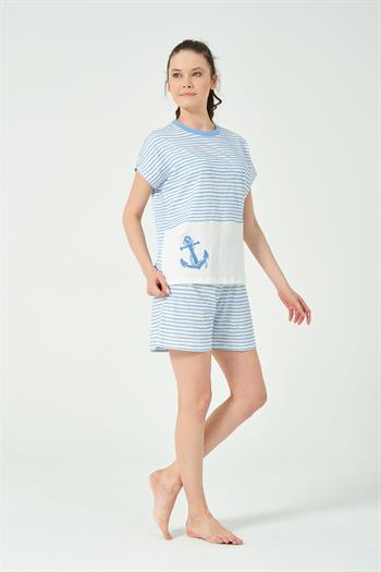 Kadın Çizgili Desenli Nakış Detaylı Şortlu Pijama Takımı
