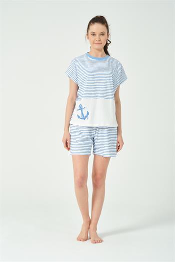 Kadın Çizgili Desenli Nakış Detaylı Şortlu Pijama Takımı
