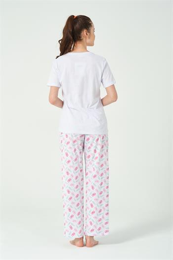 Kadın Fusya Çiçek Baskılı Kısa Kollu Pijama Takımı