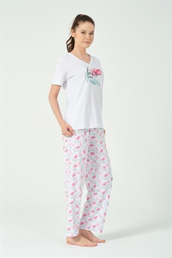 Kadın Fusya Çiçek Baskılı Kısa Kollu Pijama Takımı