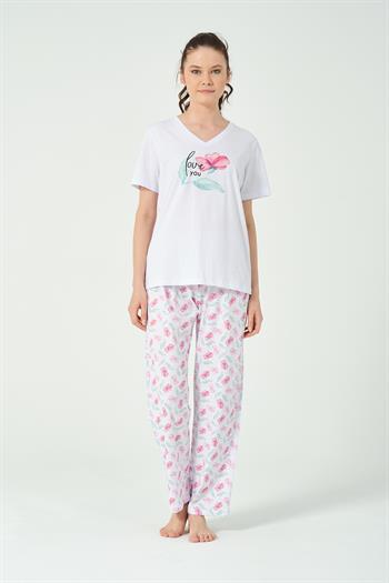 Kadın Fusya Çiçek Baskılı Kısa Kollu Pijama Takımı