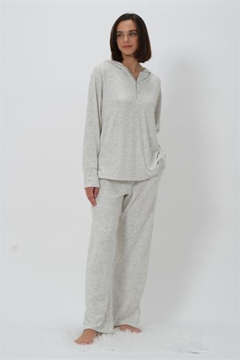 Kadın Kapüşonlü Düğmeli Pijama Takımı - Ekru