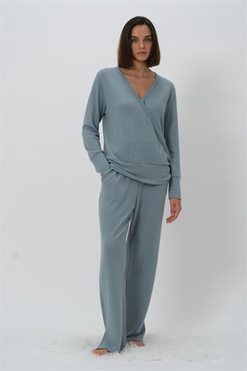 Kadın Kruvaze Yaka Pijama Takımı - Buz Mavisi