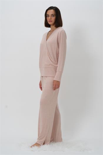 Kadın Kruvaze Yaka Pijama Takımı - Pudra