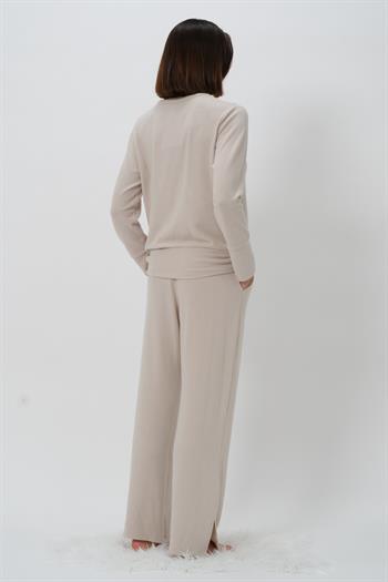 Kadın Kruvaze Yaka Pijama Takımı - Taş Rengi