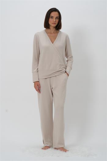 Kadın Kruvaze Yaka Pijama Takımı - Taş Rengi