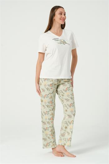 Kadın Kuş Desenli Kısa Kollu Pijama Takımı
