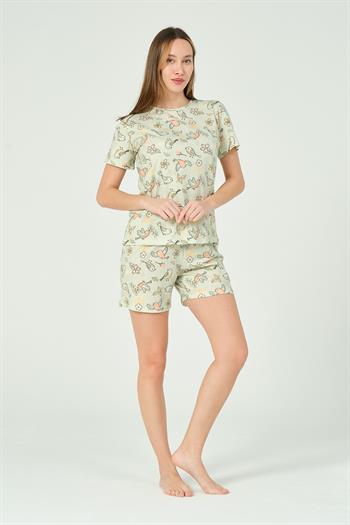 Kadın Kuş Desenli Kısa Kollu Şortlu Pijama Takımı