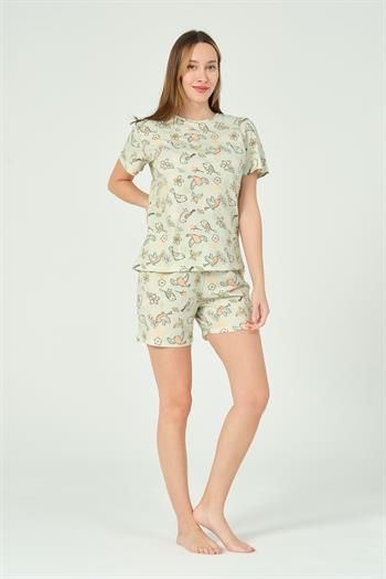 Kadın Kuş Desenli Kısa Kollu Şortlu Pijama Takımı