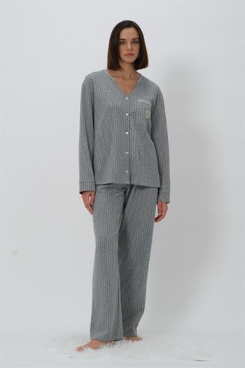 Kadın Puantiyeli Düğmeli Pijama Takımı - Ekru